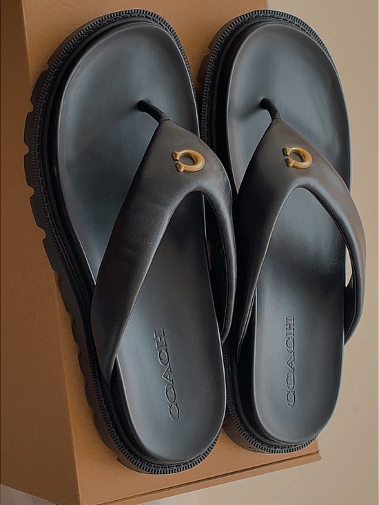 Coach Shoes - Coach Women's Black Leather Thong Sandals with Gold Hardware